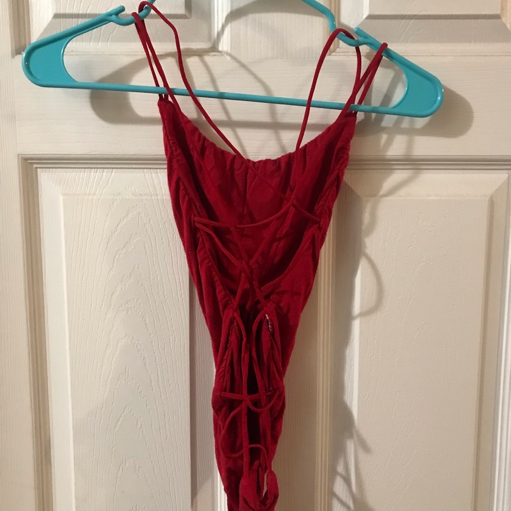 red strappy back bodysuit